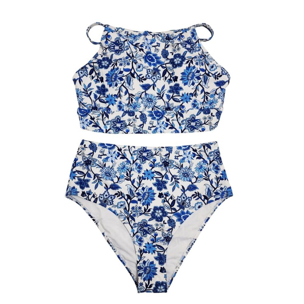 Floral Blue Womens & White High-Neck Bikini Swimsuit Set Size M